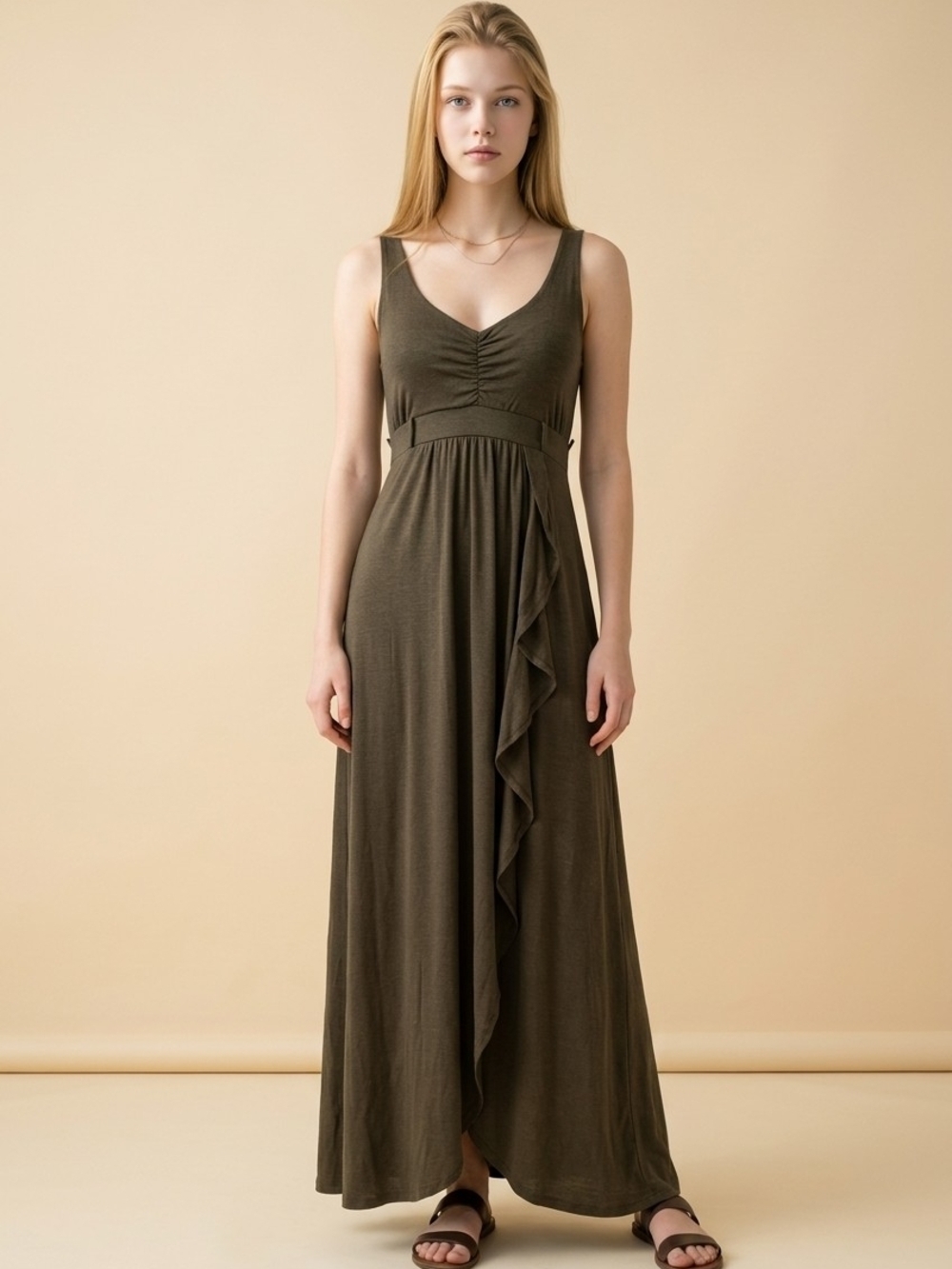 Sleeveless Ruffle-Front Maxi Dress in Olive